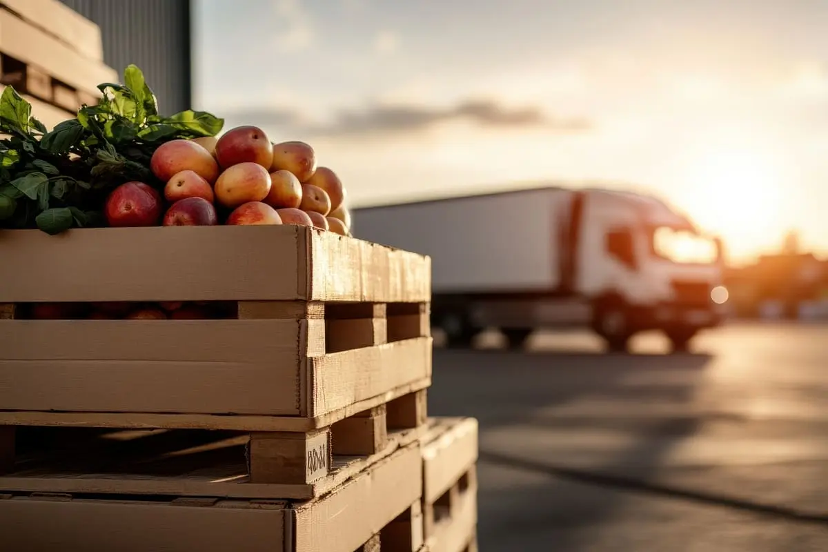 Caisses de fruits et légumes avec en fond un camion sur un parking