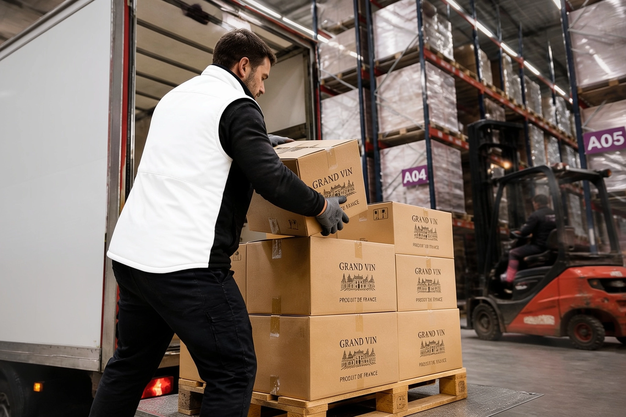 transporteur de vin spécialisé, chargeant des cartons de bouteilles sur palette dans l'entrepôt logistique